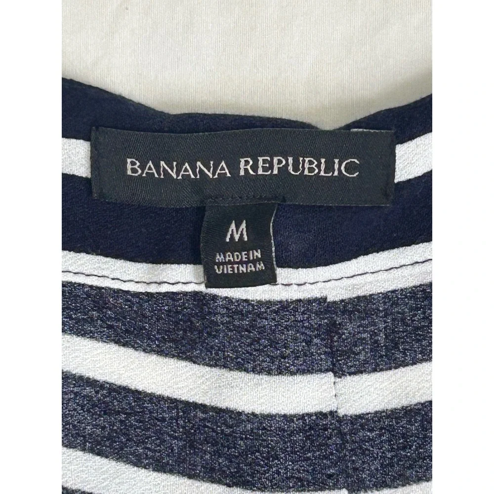 Banana Republic Women Navy White Striped Puff Sleeve Square Neck Button Back Top